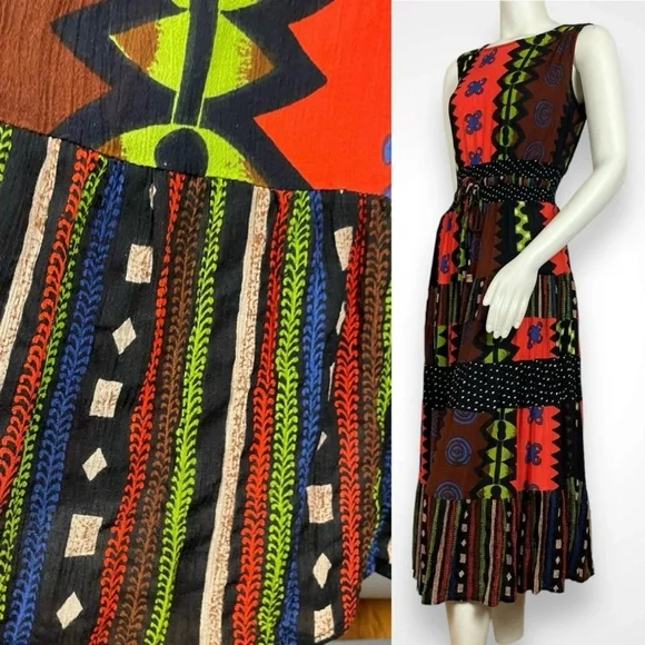 90’s Crinkle Crepe Maxi Dress – Boho Tribal Print Open Back - Picture 3 of 11
